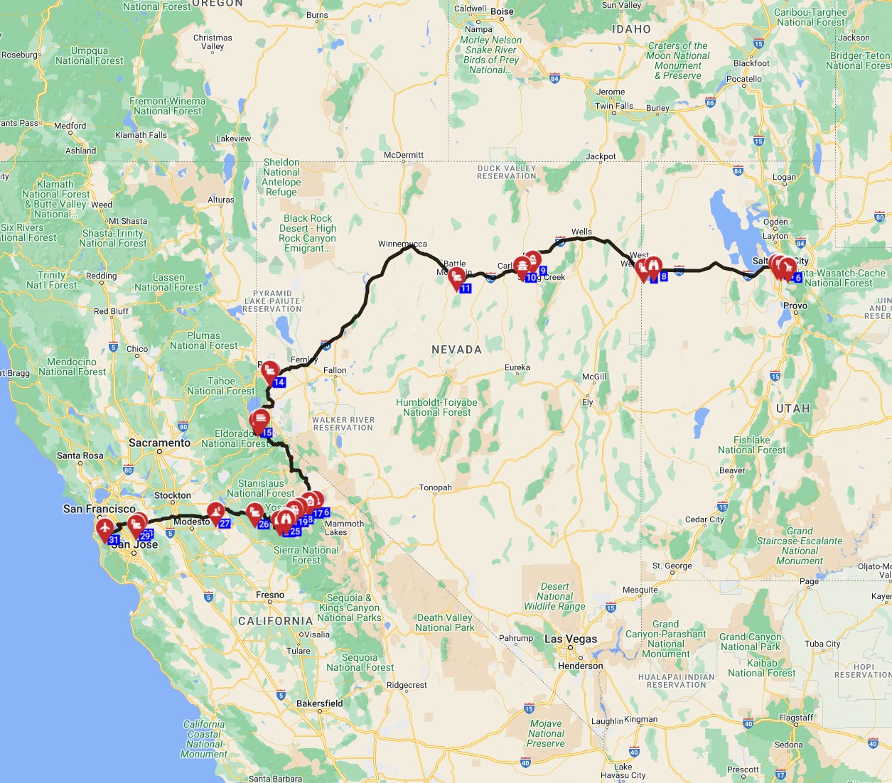 Map for Salt Lake City to San Francisco